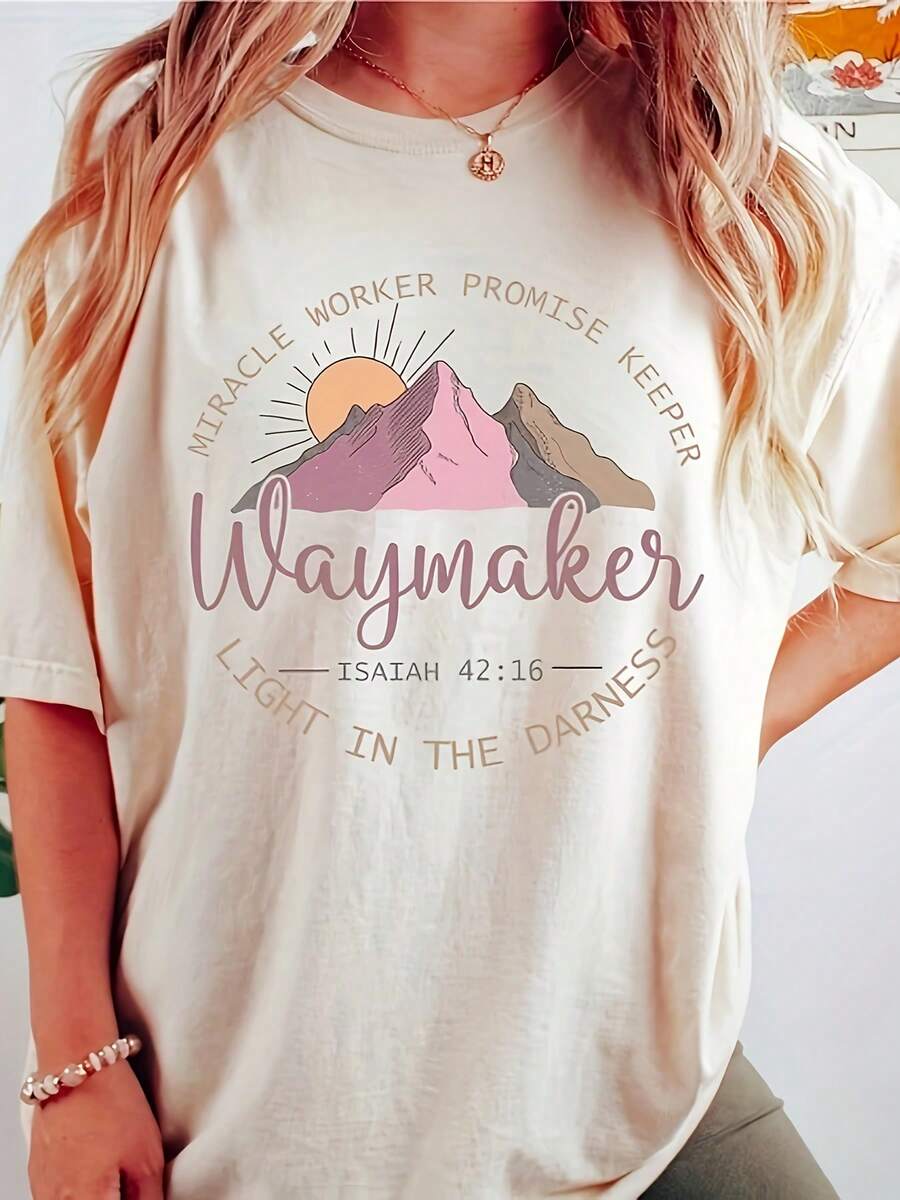 Women's Christian Faith T-Shirt - Miracle Creator Promises Guardian,Casual Church Attire, Printed With Jesus' Name And Religious Message - 杏色 - 查看 1