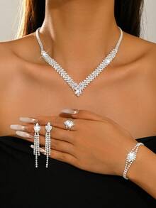 1 Set White Crystal Bridal Jewelry Set, Western Style Crystal Jewelry Set, Suitable For Party Wear - Silver - View 10