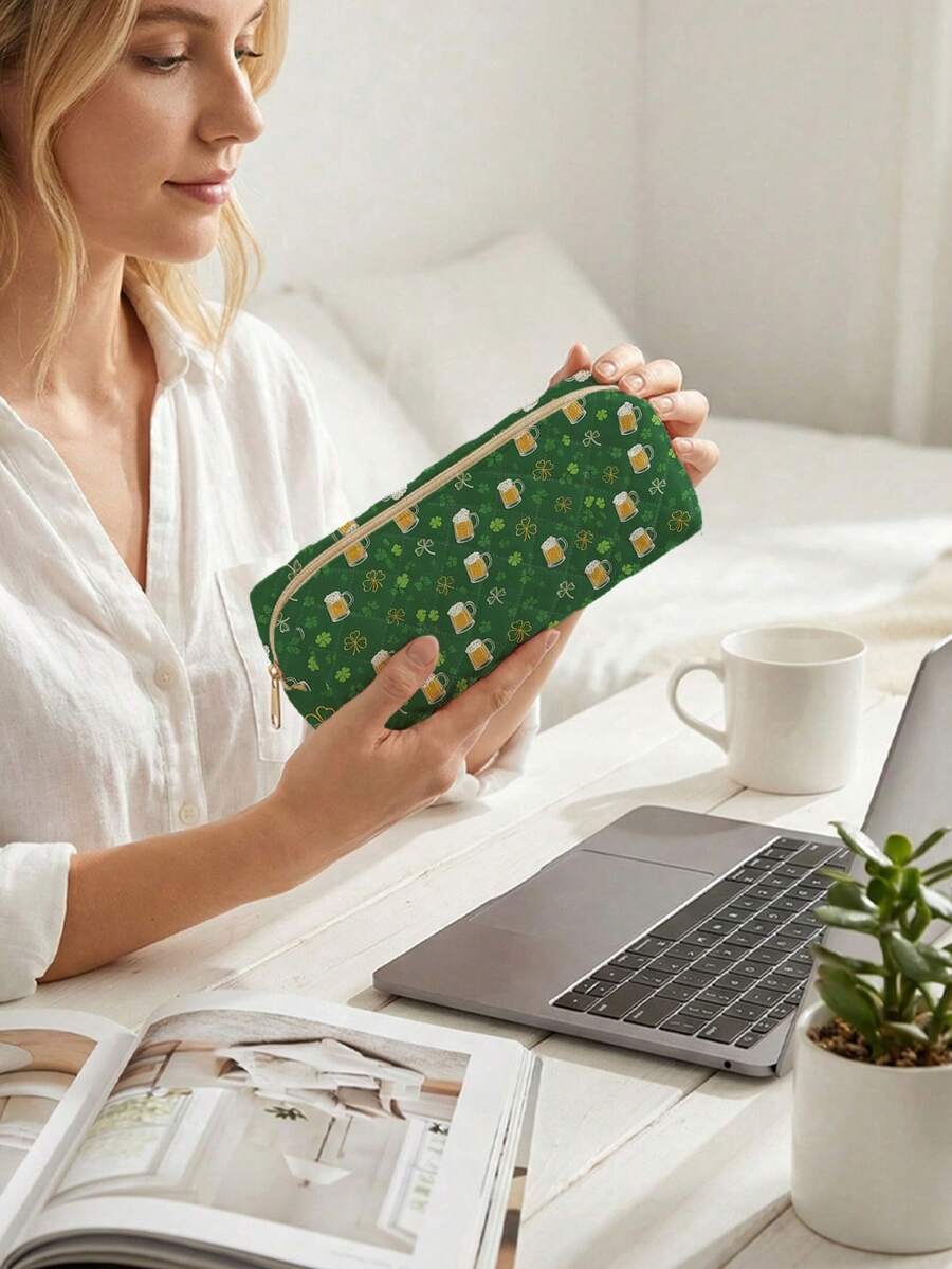 圣帕特里克节随机图案收纳包，轻便拉链化妆包，铅笔盒，经典文具包，适合上学/学生/返校季使用 - 彩色 - 查看 1
