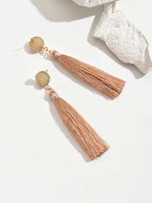 1 Pair Asymmetrical Design Fashionable Faux Stone Long Tassel Earrings Suitable For Daily Wear - Baby Pink - View 4