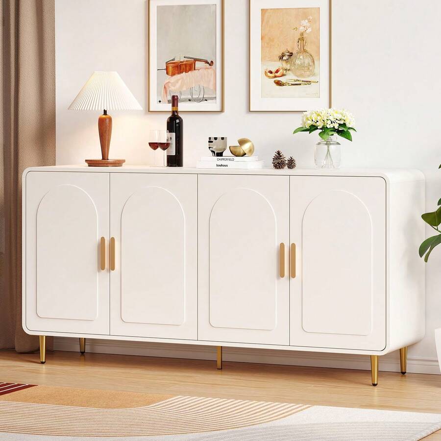 ONBRILL 60" Sideboard Buffet Cabinet, Cream White Credenza Storage Cabinet, Large Modern Console Table With Archway And Shelves, Coffee Bar For Living Dining Room Kitchen Hallway - 白色 - 查看 1