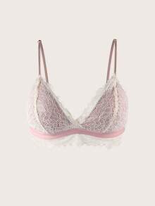 Maggie French Romantic Lace Lingerie, Pink & White Contrast Lace Wireless Triangle Cup Bra - Pink - View 5
