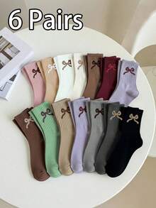 6 Pairs Kids' Random Solid Color Bow Design Mid-Calf Socks, Spring/Summer - Multicolor - View 5