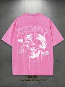 1PC Y2K Vintage Washed T-Shirt | Men's Graphic Tee | YLA Dripping Skull Design Pattern | Gifts For Men Or Boyfriend | 100% Cotton | 230Gsm Thickened Fabric | Unisex - 玫紅色 - 查看 2