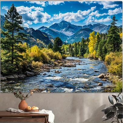 1 pieza Tapiz plano 2D de montaña y bosque - Decoración de pared ancha para sala de estar, dormitorio, dormitorio y oficina - Paisaje de bosque de pinos, nubes y río