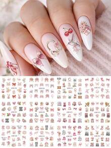 12pcs/Sheet Fashionable Rabbit Bow, Pink Cute Ribbon, Cake, Floral Pattern Water Decal Stickers, Nail Art Decoration Water Slide Nail Supplies - Multicolor - View 3