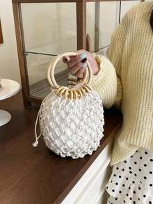 2026 Summer New Woven Round Hollow Design Handbag, Retro Minimalist Style With Drawstring Closure And Dual Ring Handles, Suitable For Beach, Travel And Vacation - White - View 3