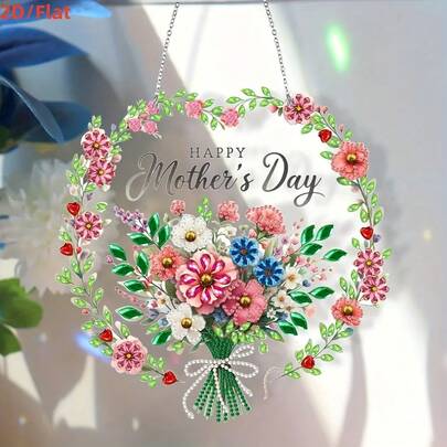 1pc [5D Diamond Painting Kit] 2D Flat Mother's Day Heart & Flower Diamond Painting Set, Special Shape Crystals, Acrylic DIY Floral Art Mosaic Craft Kit, Suitable For Home Wall Decor And Handmade Gifts, Mother's Day Heart Pendant Decoration