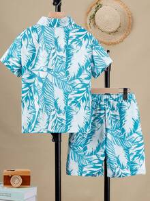 Boys' Leaf Print Short Sleeve Shirt And Shorts Set, Casual Lightweight Vacation Street Style, Spring/Summer - Blue and White - View 2