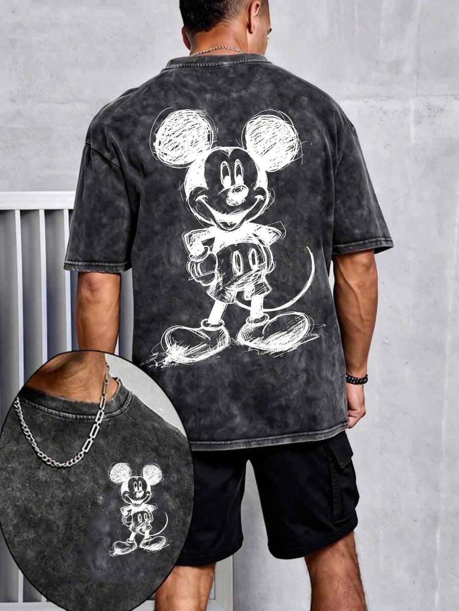 Disney UNIHLO  Mickey Printed Summer Heavyweight Retro Washed Street Fashion Casual T-Shirt - màu đen - Xem 1