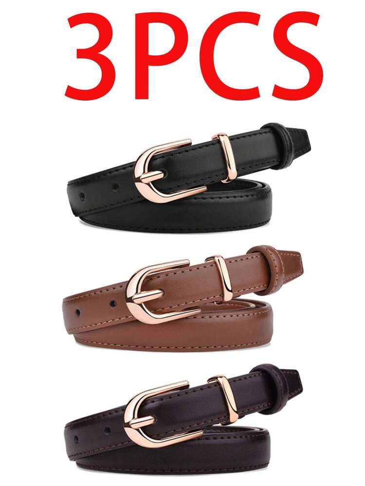 3pcs/2pcs /1pc Ladies' Solid Color Casual PU Belt, Simple Design, Suitable For Women To Wear In All Seasons: Summer, Campus Autumn, Deep Autumn, And Halloween Christmas Gift - Multicolor - View 6