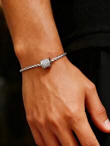 1件装奢华不锈钢闪亮立方氧化锆桶形手链，适合男士日常及派对佩戴 - 銀色 - 查看 3