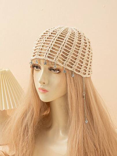 1pc Women's Fashionable Lightweight Hollow Floral Chain Handmade Crochet Knit Hat, Suitable For Spring And Autumn Outings And Travel