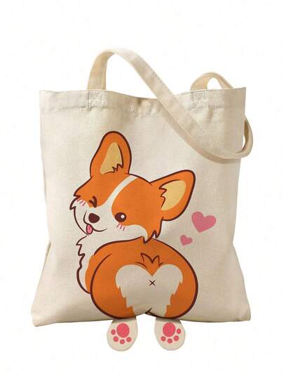 1 chiếc túi tote vải canvas in hình dấu chân cáo dễ thương - Thích hợp cho bé gái, túi xách họa tiết hoạt hình được thiết kế dành cho nữ.
