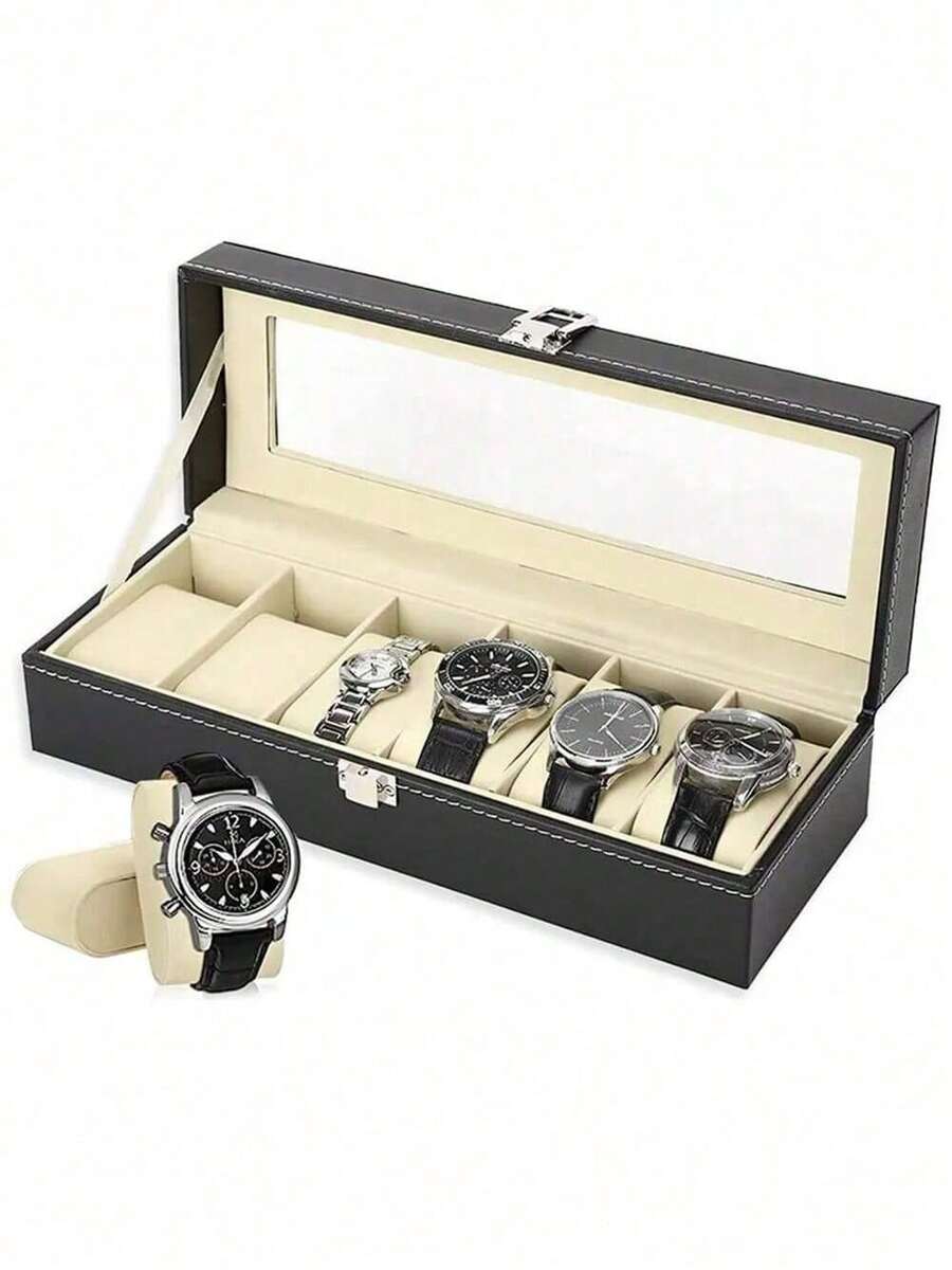 PU Leather Watch Box With Glass Window, 6/12 Compartment Organizer With Lock For Collections - Black - View 1