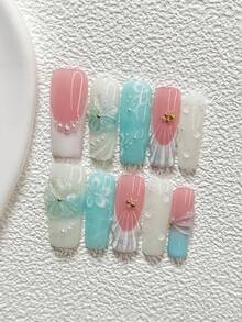 10pcs/Set New Fresh Seaside Style Acrylic Nail Art Kit, Handmade Solid Color Flower Design, Decorated With Small Golden And White Round Rhinestones, Hand-Painted Solid Color Water Wave, Raindrop, White Five-Petal Flower Pattern, Hand-Painted Light Gray Mixed White Shell Texture Pattern, Blue Nail Polish - 彩色 - 查看 4