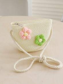 Children's Straw Bag, Cute Girls' Shoulder Crossbody Bag, Beach Woven Bag, Spring/Summer - 2 Flowers - View 2