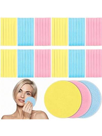 压缩圆形洁面海绵，木浆纤维可膨胀材质，面部清洁化妆粉扑，适合作为情人节礼物送给女朋友，一次性加厚洁面化妆海绵