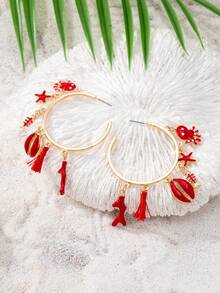 1 paire de boucles d'oreilles créoles dorées avec pendentifs en corail rouge, étoile de mer et poulpe. Boucles d'oreilles exagérées sur le thème marin, style bohème pour accessoires de tenue de vacances d'été - Multicolore - Voir 4