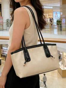Solid Color PU Leather Minimalist Retro Versatile Women Tote Bag, Large Capacity Travel Essential Tote - Beige - View 4