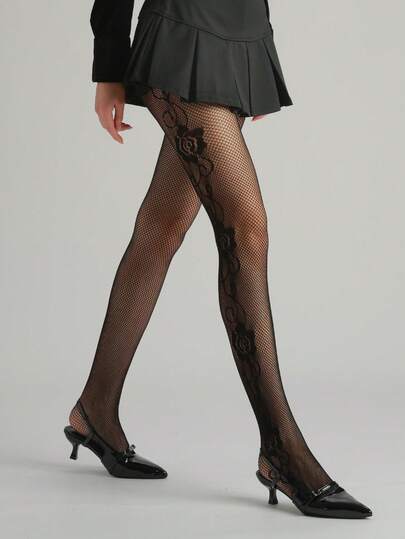 1件装女士性感紧身裤，复古侧边玫瑰花提花镂空渔网袜，薄网眼连裤袜，Y2K风格紧身裤，黑色时尚百搭丝袜，适合情人节穿搭，可搭配裙子和裤子