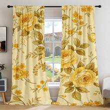 2PCS Yellow Rose Vintage Floral 100% Polyester Curtains, 90gsm Rod Pocket Style, Width 180cm, Ideal For Bedroom Living Room - Multicolor - View 7