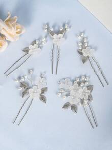 5件套 空灵新娘哑光花朵发夹套装，优雅珍珠银叶发夹，手工婚礼派对发饰 - 彩色 - 查看 11