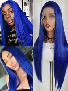 13x4 Elegant 26 Inch Blue Lace Front Wig, Synthetic Lace Front Wig With Pre-Plucked Hairline, Heat Resistant Fiber Hair, Silky Straight Wig For Women, Cosplay, Party, Daily Use - Baby Blue - View 3