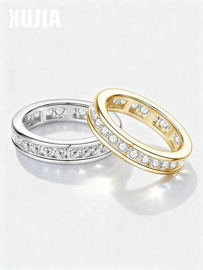 XUJIA 1pc 925 Sterling Silver 2.5mm Round Moissanite Ring, Classic Fashion Wedding Band For Women, Sparkling Moissanite Symbolizes Eternal Anniversary, Great Birthday Gift For Her