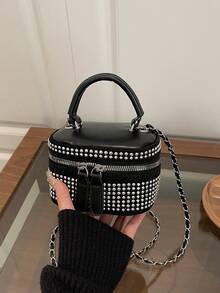 Lightweight Mini Bag, Chain Bag, Quilted Stitching Bag With Rhinestone Decoration, Elegant Texture Suitable For Evening Party - Black - View 5