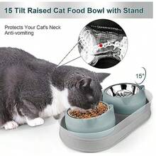 Elevated Cat Food Bowls Raised Cat Bowl with Stand Stainless Steel Tilted Cat Bowls Anti Vomiting Double Cat Food and Water Bowl Set for Cats and Small Dogs Greyblue - Gris azulado - Ver 2