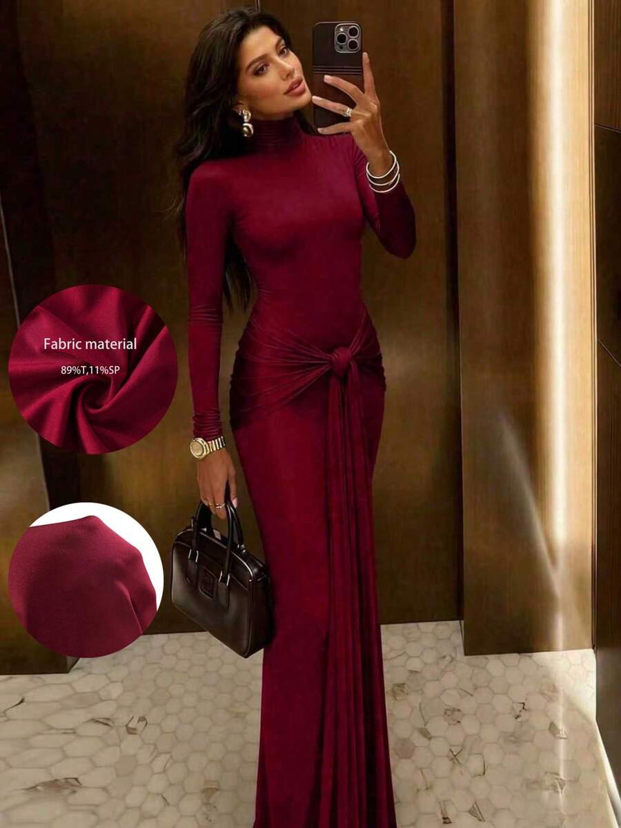 2026年新款女士酒红色高领修身长款优雅法式晚礼服（春季款）