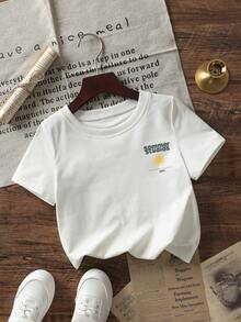 1件婴儿/幼儿男童创意卡通图案字母标语印花基本款圆领短袖T恤，休闲时尚 - 白色 - 查看 3
