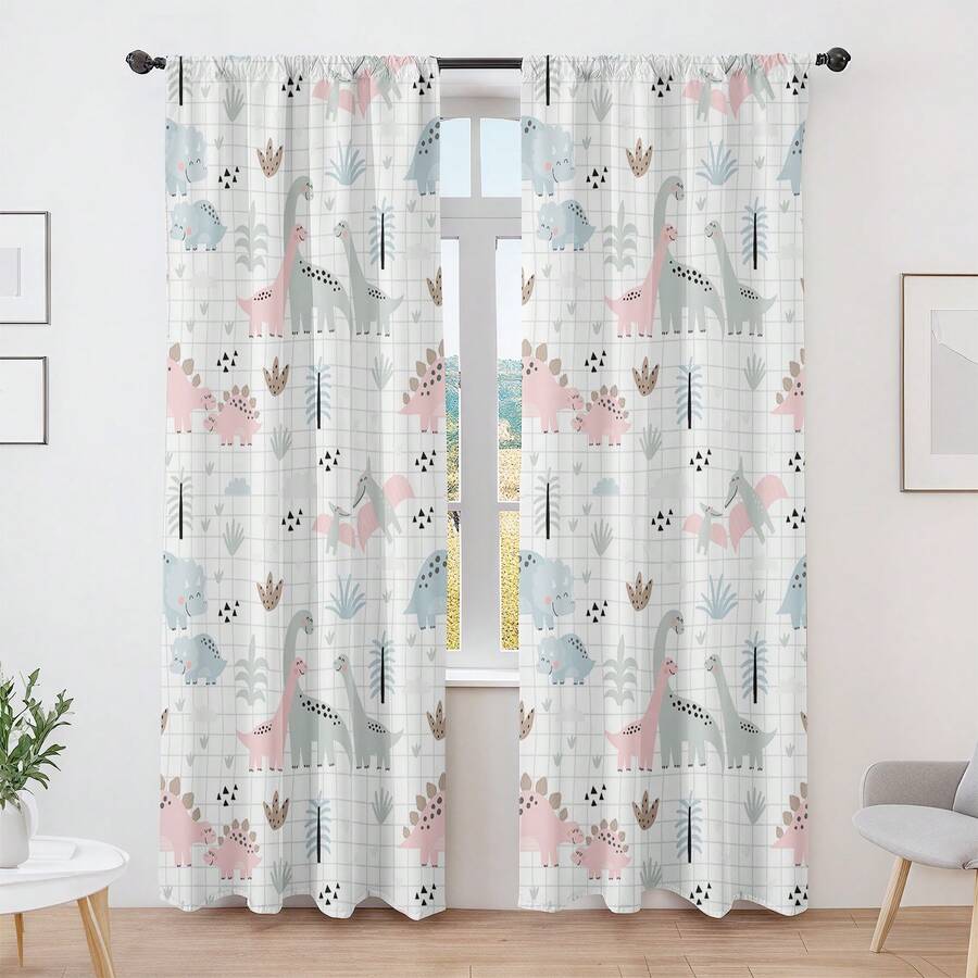 2PCS Nordic-Style Dinosaur Pattern 2D Flat Printed Curtains, Warm And Lovely Children's Room Semi-Blackout - Multicolor - View 1