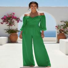 Mujer elegante mono con diseño cruzado busto fruncido cintura ajustada holgado palabra de honor manga larga primavera verano fiesta pierna ancha - Verde Menta - Ver 6