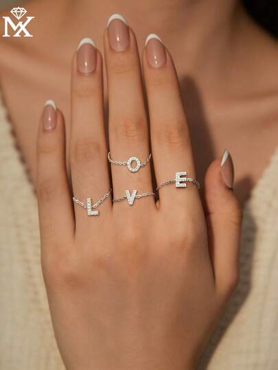 SYMFNY 1pc Minimalist Fashionable 925 Silver Cubic Zirconia 26 Letter A-Z Adjustable Pull Chain Ring, Everyday Commute Versatile Luxury Niche Jewelry, Romantic Gift For Girlfriend, Best Friend, Birthday, Anniversary