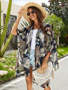 1件女士优雅孔雀印花雪纺和服罩衫，轻盈透气，适合春夏海滩、泳池派对、休闲度假，防晒保暖 - 彩色 - 查看 3