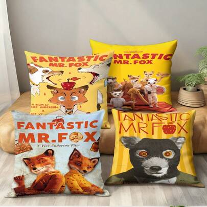 1pc Fantastic Mr. Fox Cartoon Movie Pattern Square Pillowcase - Modern Home Decor, With Zipper Closure, 100% Polyester, All-Season Home Decor Cushion, Suitable For Living Room, Bedroom, Office - Perfect Gift Pillowcase, Backrest Pillow