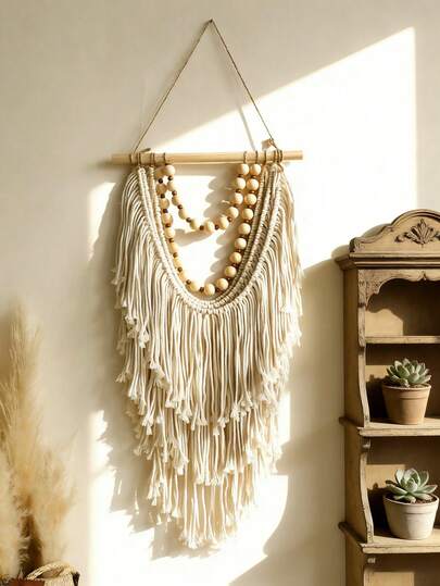 1pc Beige Boho Beaded Fringe Pattern Decorative Wall Hanging Rustic Aesthetic Tapestry Scandinavian Nordic Style Layered Tassel Pendant With Wooden Bead Detail Farmhouse Chic Statement Ornament For Living Room Bedroom Entryway Apartment Dorm Studio Gallery Wall Wedding Party Home Decoration