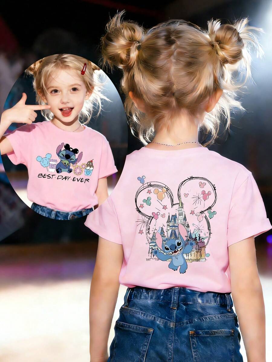 Disney Stitch And Mickey Mouse 100% Pure Cotton Children's T-Shirt, With Cartoon Print On Both Sides. This Casual-Style Children's T-Shirt Is Suitable For Both Boys And Girls, Making It An Ideal Choice For Christmas Parties And Everyday Outdoor Activities. - Hồng - Xem 1