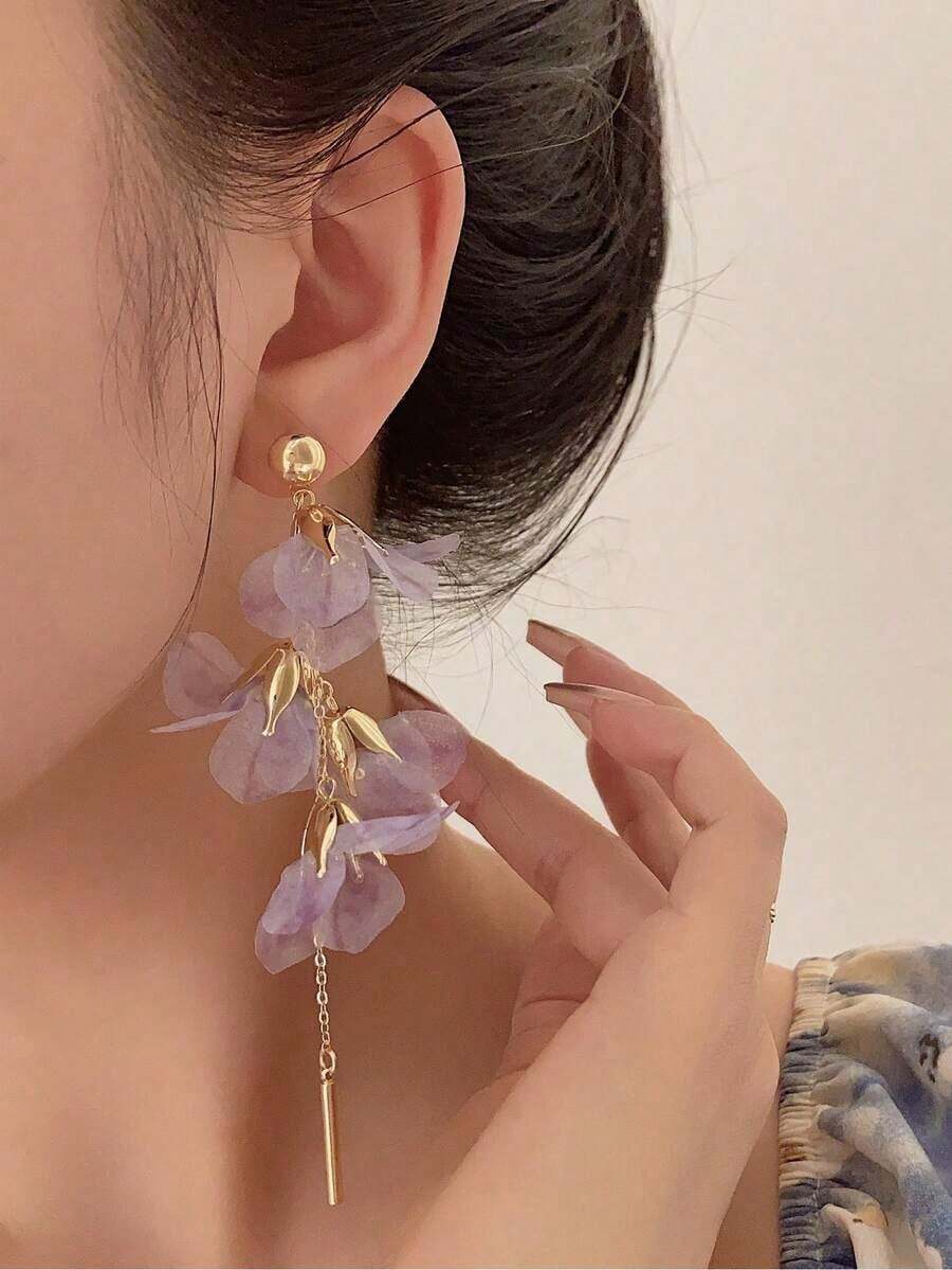 1 Pair Gauze Flower Metal Pendant Long Dangle Earrings, Casual Resort Fashion Beach Party Earrings For Women - 紫色 - 查看 1