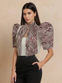 1 pieza Blusa elegante de mujer con diseño de cuello alto semitransparente y empalme, estilo báltico para primavera/verano - Rojo - Ver 1