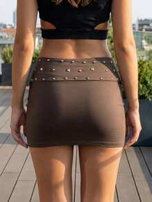 Falda de Mezclilla para Mujer con Tachuelas, Cintura Alta y Borde Doblado, Retro para Campus y Uso Casual de Verano - marrón café - Ver 6