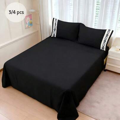 AMOROSA 3/4 Piezas Juego de Sábanas Bordadas Suaves(Sábana Ajustable(Hasta 30cm)+Sábana Plana+Fundas de Almohada)Microfibra Transpirable y Antiarrugas Ropa de Cama Elegante para Dormitorio Casa y Hotel Decoración de Hogar-Negro