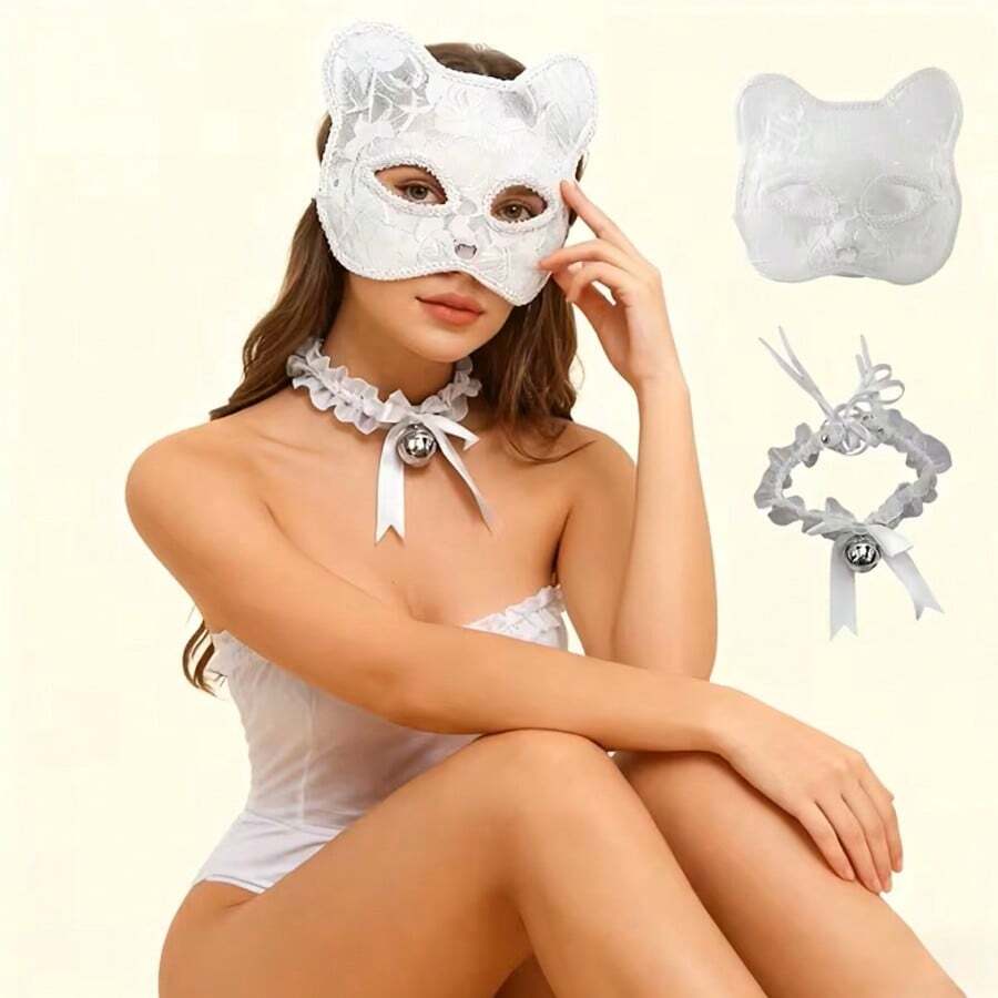 两件套哥特风性感迷人猫脸面具和铃铛项链,黑白蕾丝玫瑰图案铃铛装饰项链,节日、派对表演服装配饰 - 彩色 - 查看 1