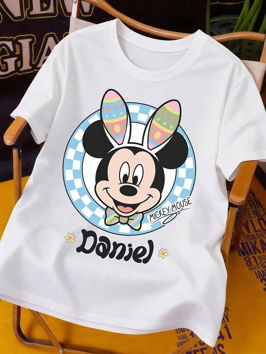Disney Easter T-Shirts For Men And Women, Featuring A Mickey Mouse Bunny Ears And Easter Egg Checkerboard Print. Made Of 100% Pure Cotton, These Comfortable And Soft T-Shirts Are Cute Cartoon Designs Suitable For All Seasons, Perfect For Holiday Outings, Outdoor Activities, And Parties. - White - View 1