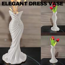 1件優雅塑料3D列印現代極簡白色婚紗花瓶，19.7cm，適用於乾花和人造花，桌面中心裝飾，適合婚禮、週年紀念和母親節禮物 - 婚紗 - 查看 4