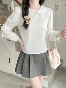 Y6Y 夏季新款白色抽绳圆领长袖女式衬衫 - 白色 - 查看 4