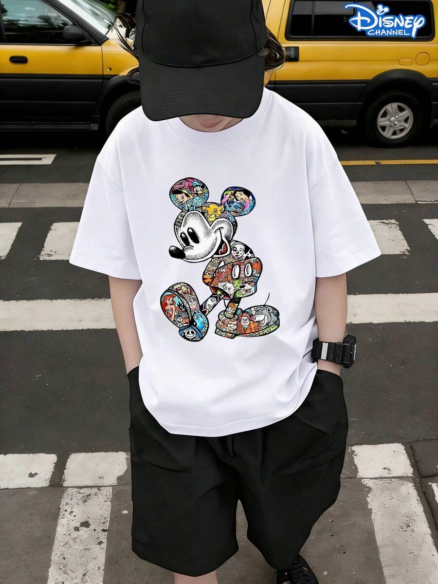 Disney Comic Collage Mickey Mouse Kids T-Shirt, Retro Character Panel Graphic, Casual Crew Neck Short Sleeve Tee, Unisex Boys Girls Fashion Top, Ideal For Disney Fans & Daily Wea - 白色 - 查看 1