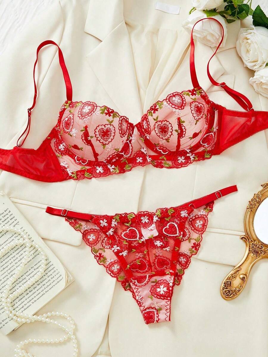2pcs/Set Seamless Label Intimate Lingerie Set, Sexy Lace Embroidery Sheer Push Up Bra And Panty Set For Women - Red - View 1